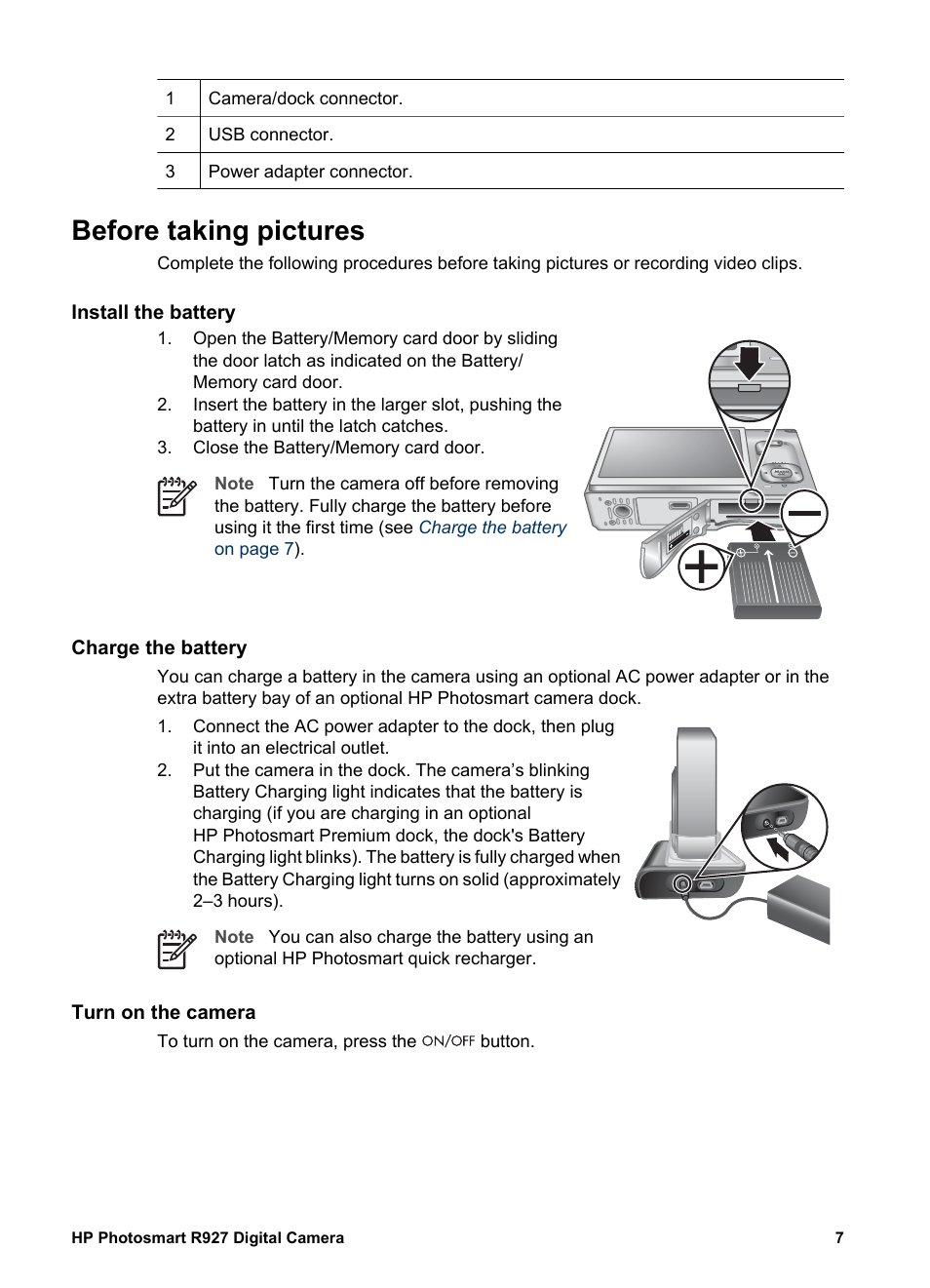 Before taking pictures, Install the battery, Charge the battery | Turn on the camera | HP Photosmart R927 User Manual | Page 7 / 58