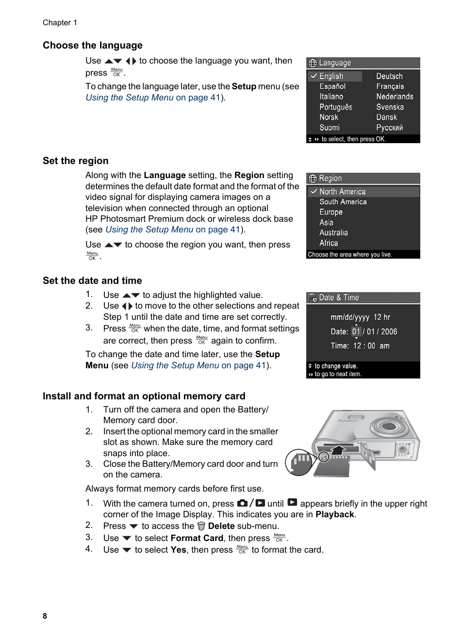 Choose the language, Set the region, Set the date and time | Install and format an optional memory card | HP Photosmart R927 User Manual | Page 8 / 58