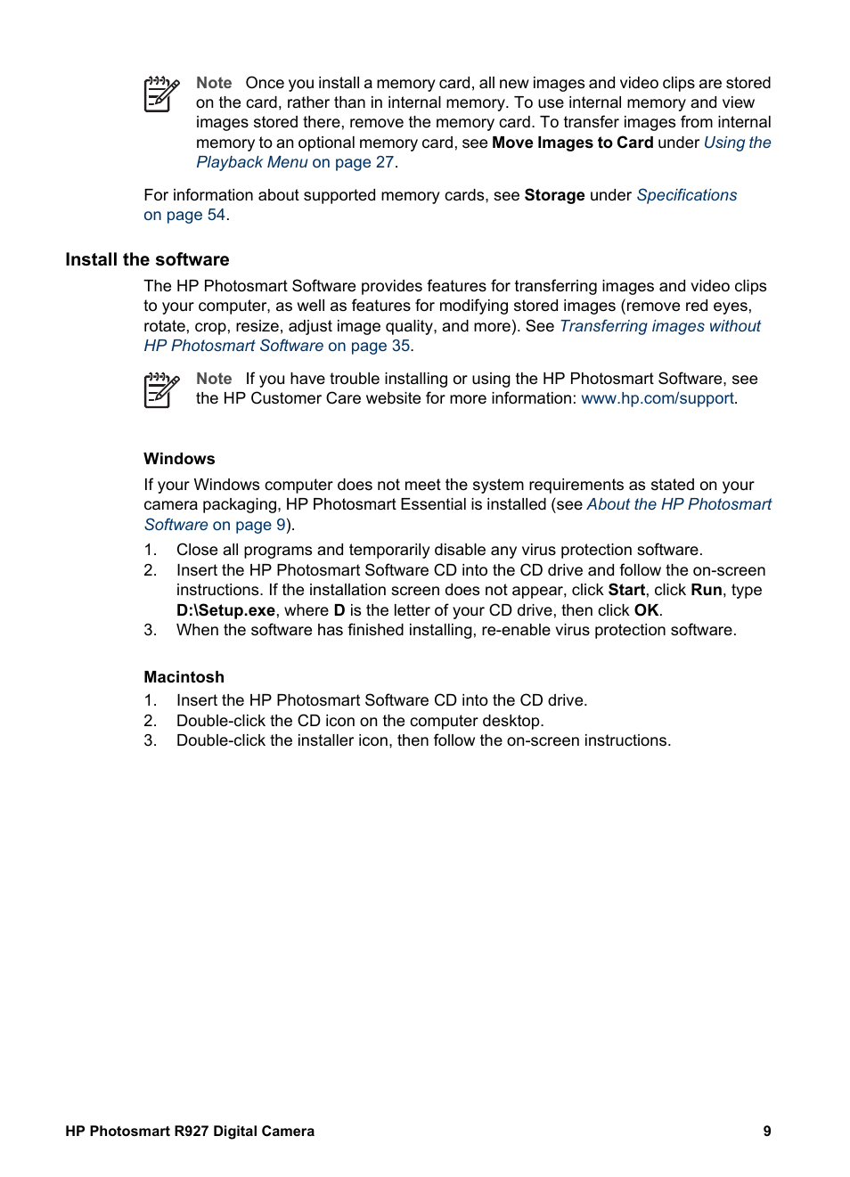 Install the software, Windows, Macintosh | About the hp photosmart software | HP Photosmart R927 User Manual | Page 9 / 58