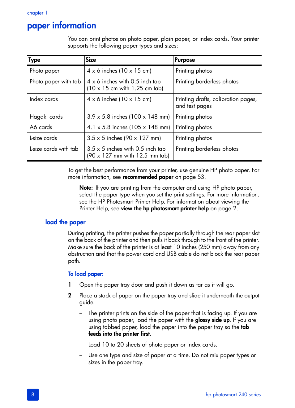 Paper information, Load the paper | HP 240 Series User Manual | Page 12 / 64
