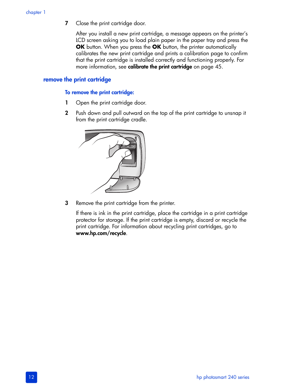 Remove the print cartridge | HP 240 Series User Manual | Page 16 / 64