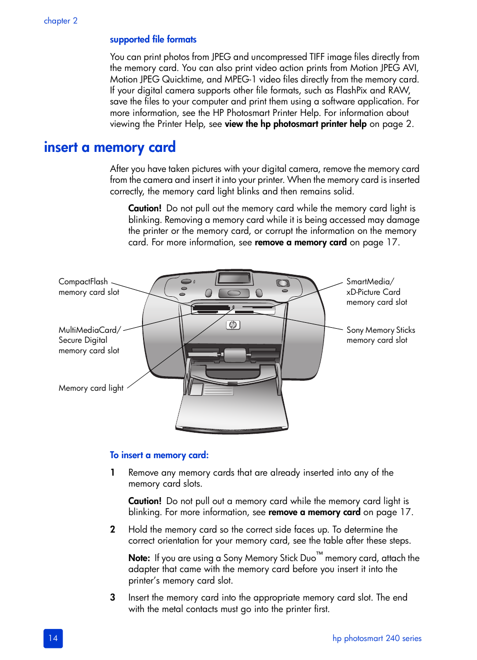 Insert a memory card | HP 240 Series User Manual | Page 18 / 64