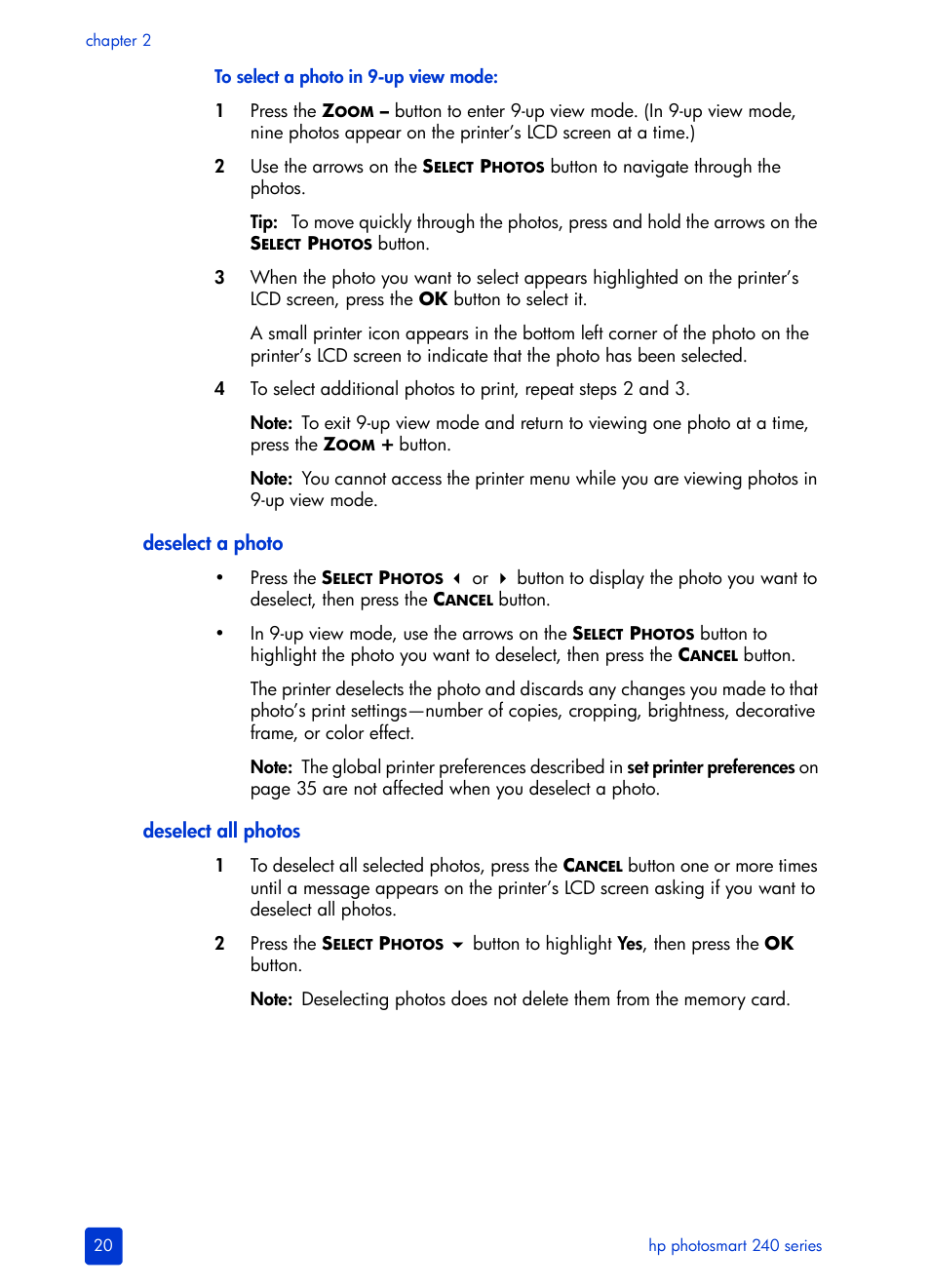 Deselect a photo, Deselect all photos | HP 240 Series User Manual | Page 24 / 64