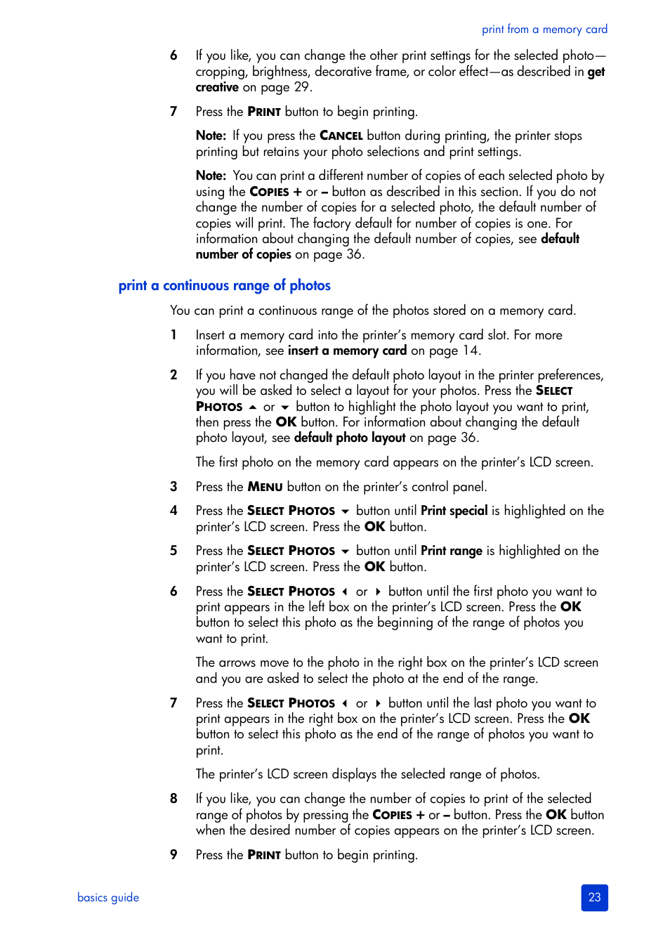 Print a continuous range of photos | HP 240 Series User Manual | Page 27 / 64