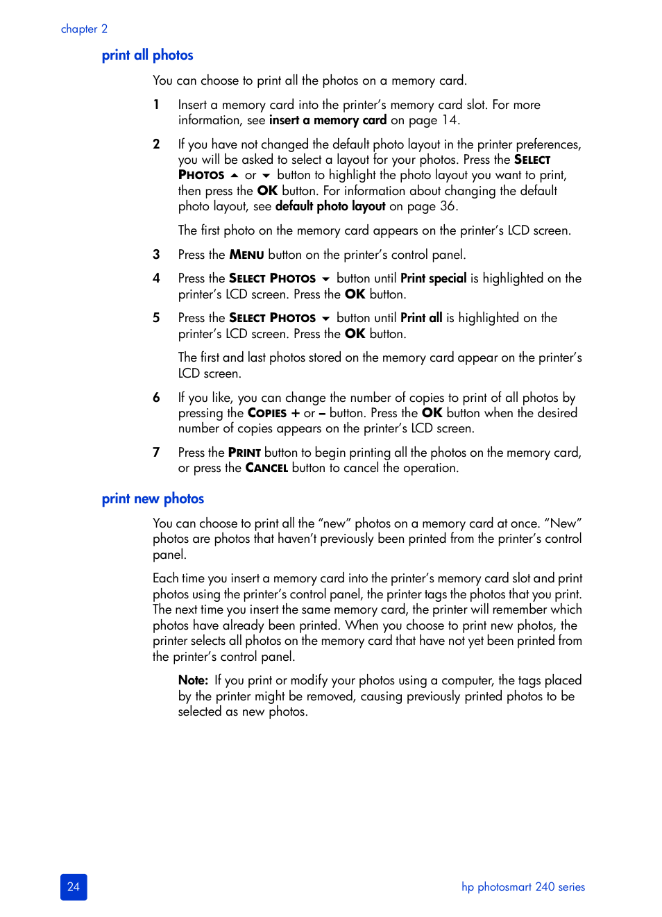 Print all photos, Print new photos | HP 240 Series User Manual | Page 28 / 64