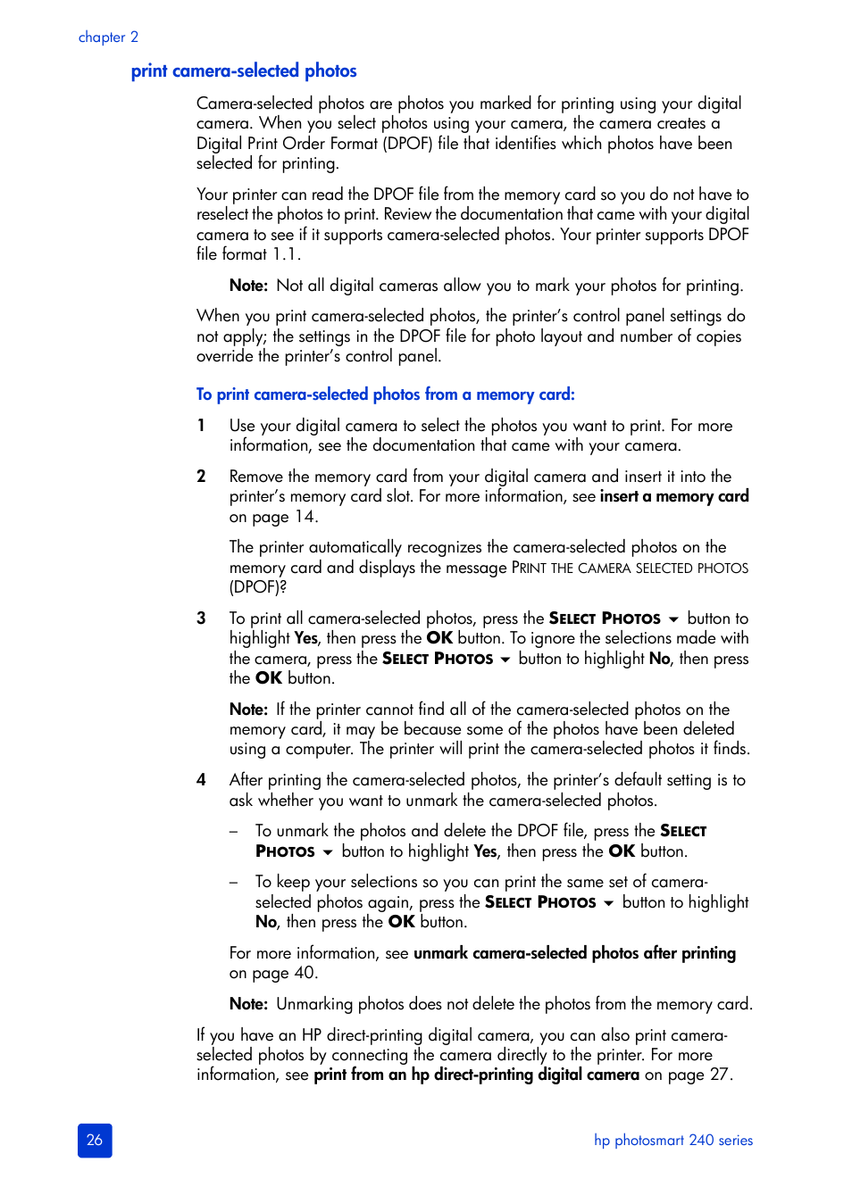 Print camera-selected photos, Print camera-selected, Ee print camera-selected | Print camera-selected photos on | HP 240 Series User Manual | Page 30 / 64
