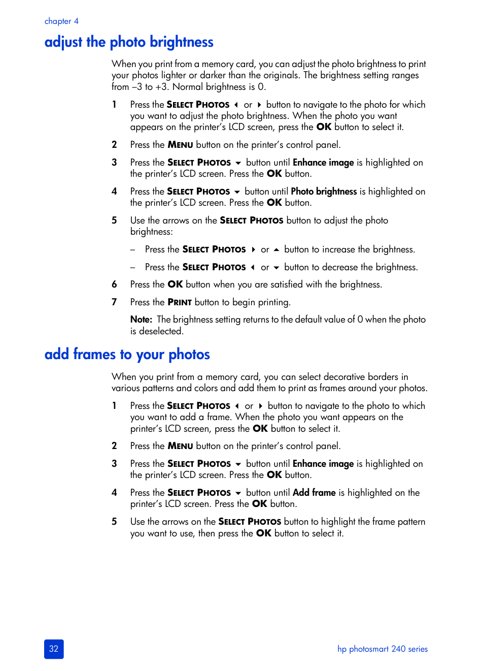 Adjust the photo brightness, Add frames to your photos | HP 240 Series User Manual | Page 36 / 64