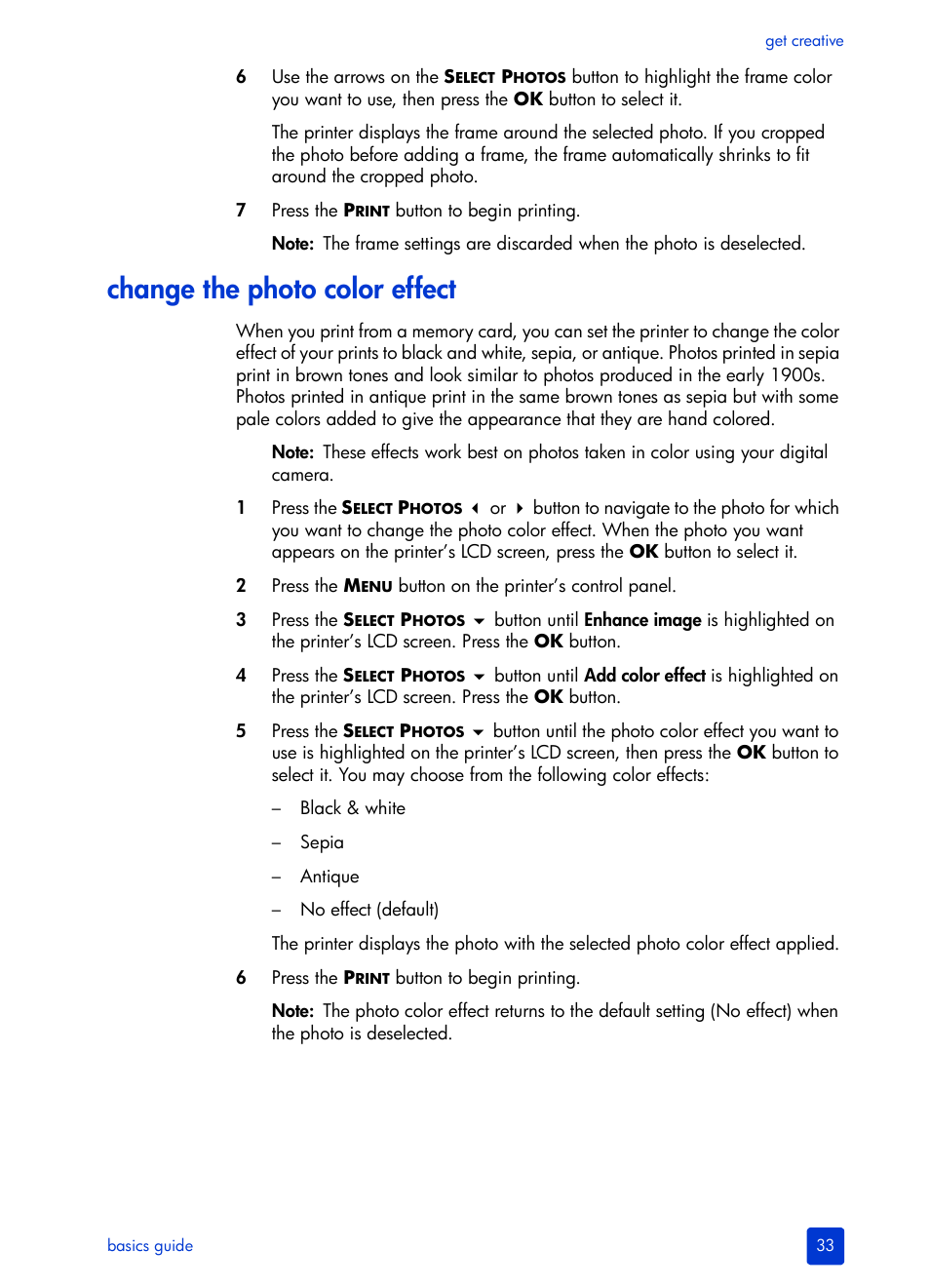 Change the photo color effect | HP 240 Series User Manual | Page 37 / 64