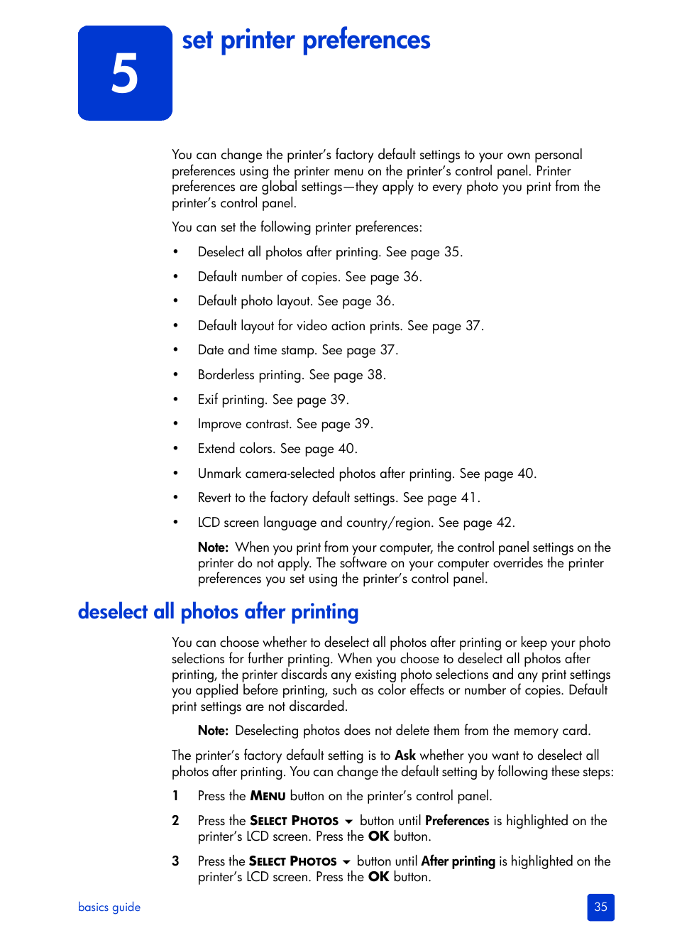 Set printer preferences, Deselect all photos after printing, 5 set printer preferences | Ee set printer | HP 240 Series User Manual | Page 39 / 64