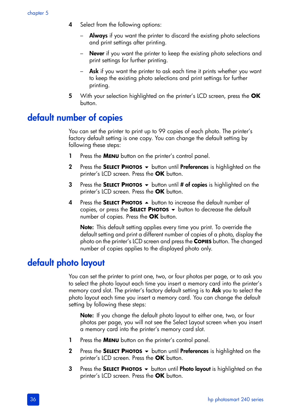 Default number of copies, Default photo layout, Default | HP 240 Series User Manual | Page 40 / 64