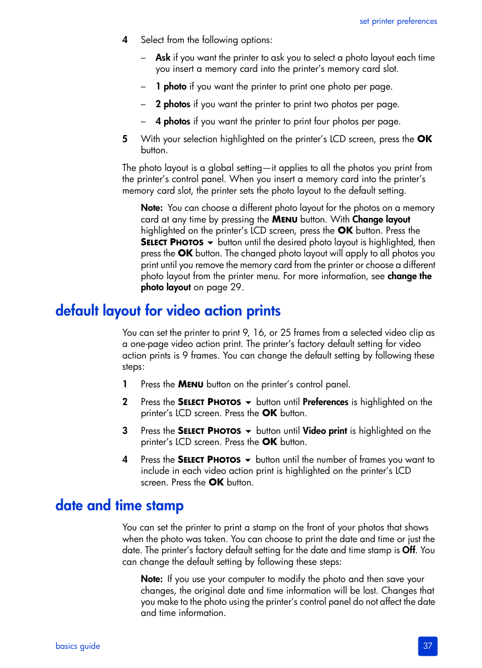 Default layout for video action prints, Date and time stamp, Ee default layout | HP 240 Series User Manual | Page 41 / 64