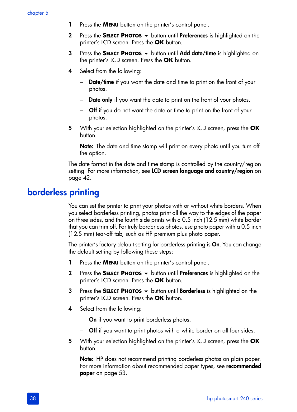 Borderless printing | HP 240 Series User Manual | Page 42 / 64