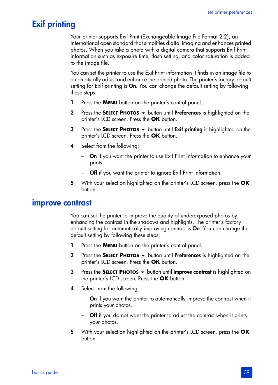 Exif printing, Improve contrast | HP 240 Series User Manual | Page 43 / 64
