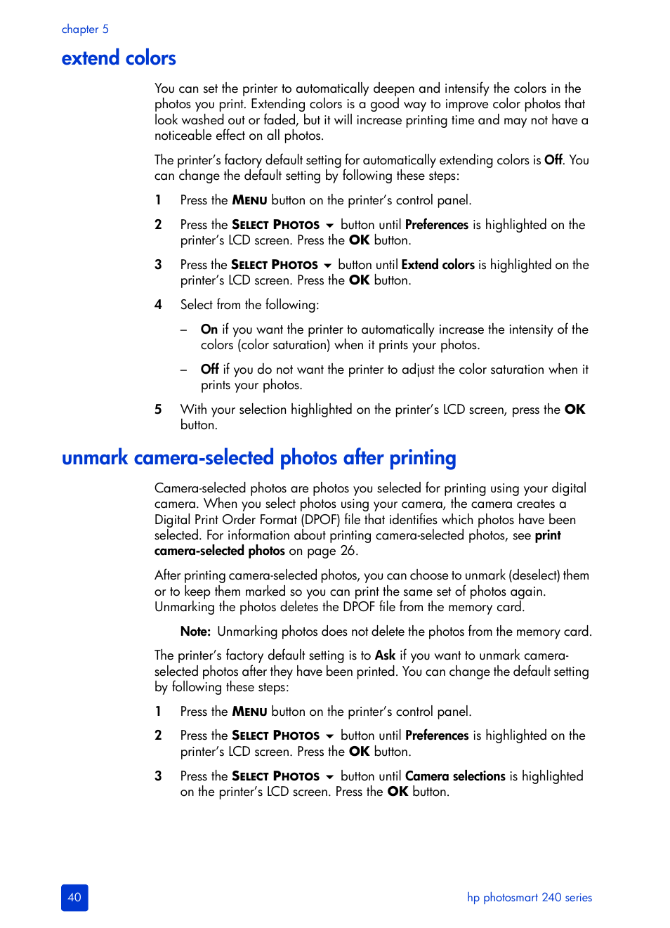 Extend colors, Unmark camera-selected photos after printing, Ee unmark camera-selected photos after printing | HP 240 Series User Manual | Page 44 / 64