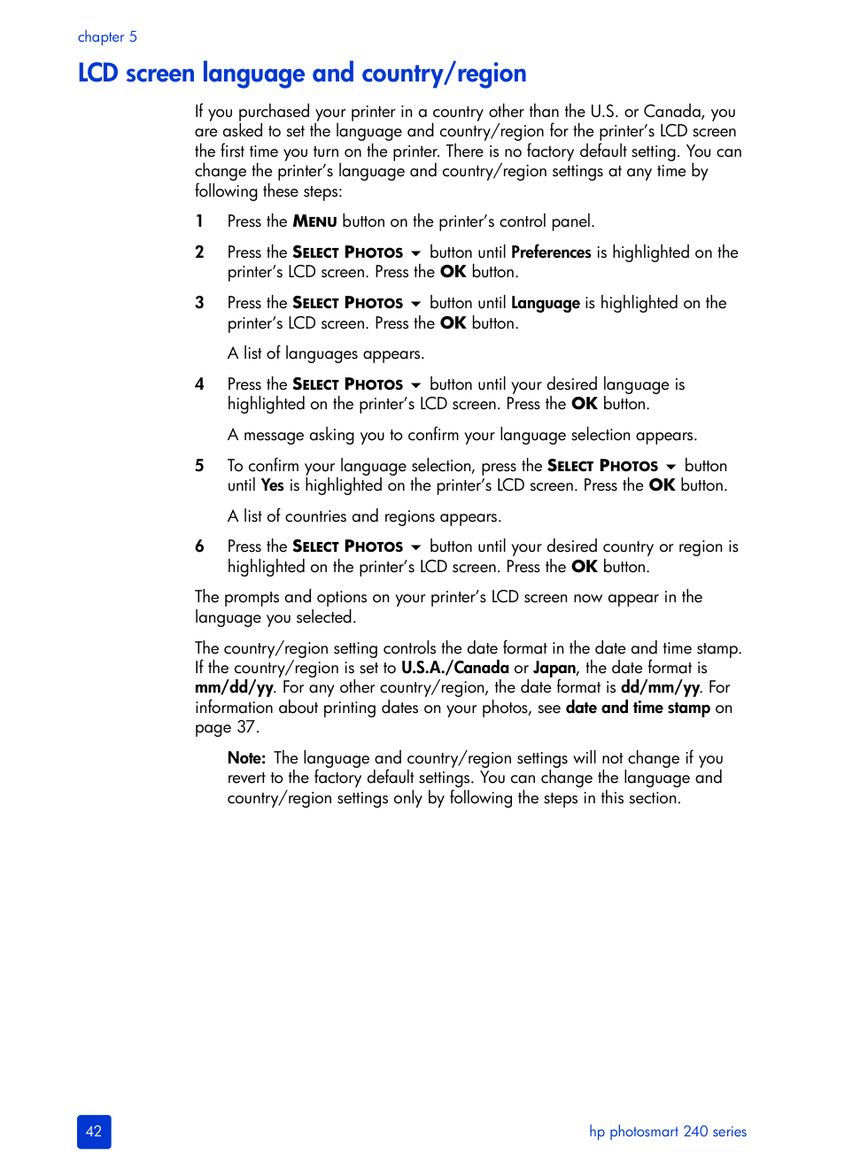 Lcd screen language and country/region, Ee lcd screen language and country/region on | HP 240 Series User Manual | Page 46 / 64