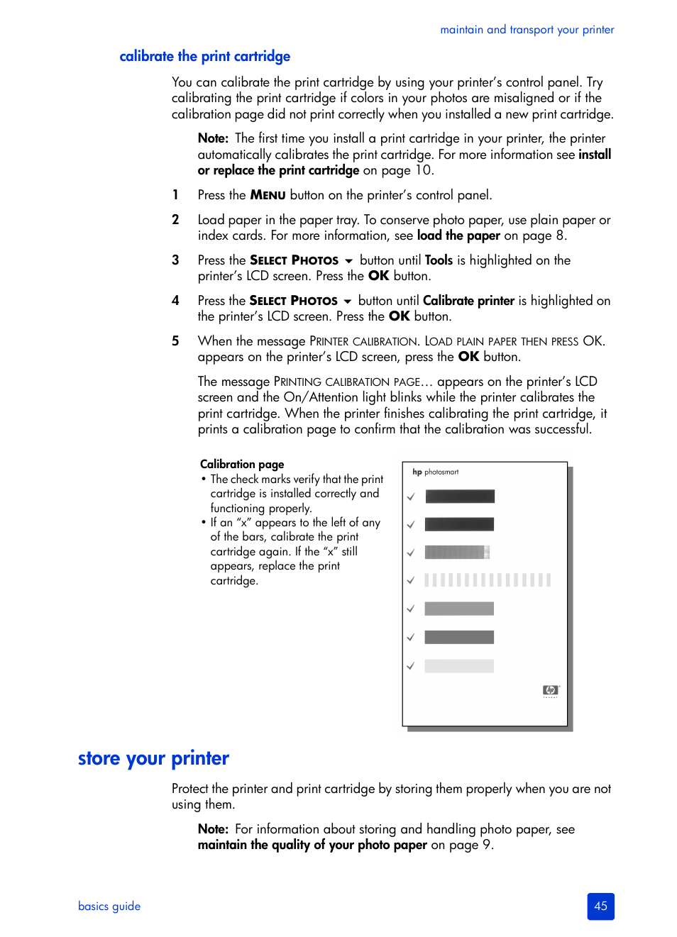 Calibrate the print cartridge, Store your printer | HP 240 Series User Manual | Page 49 / 64