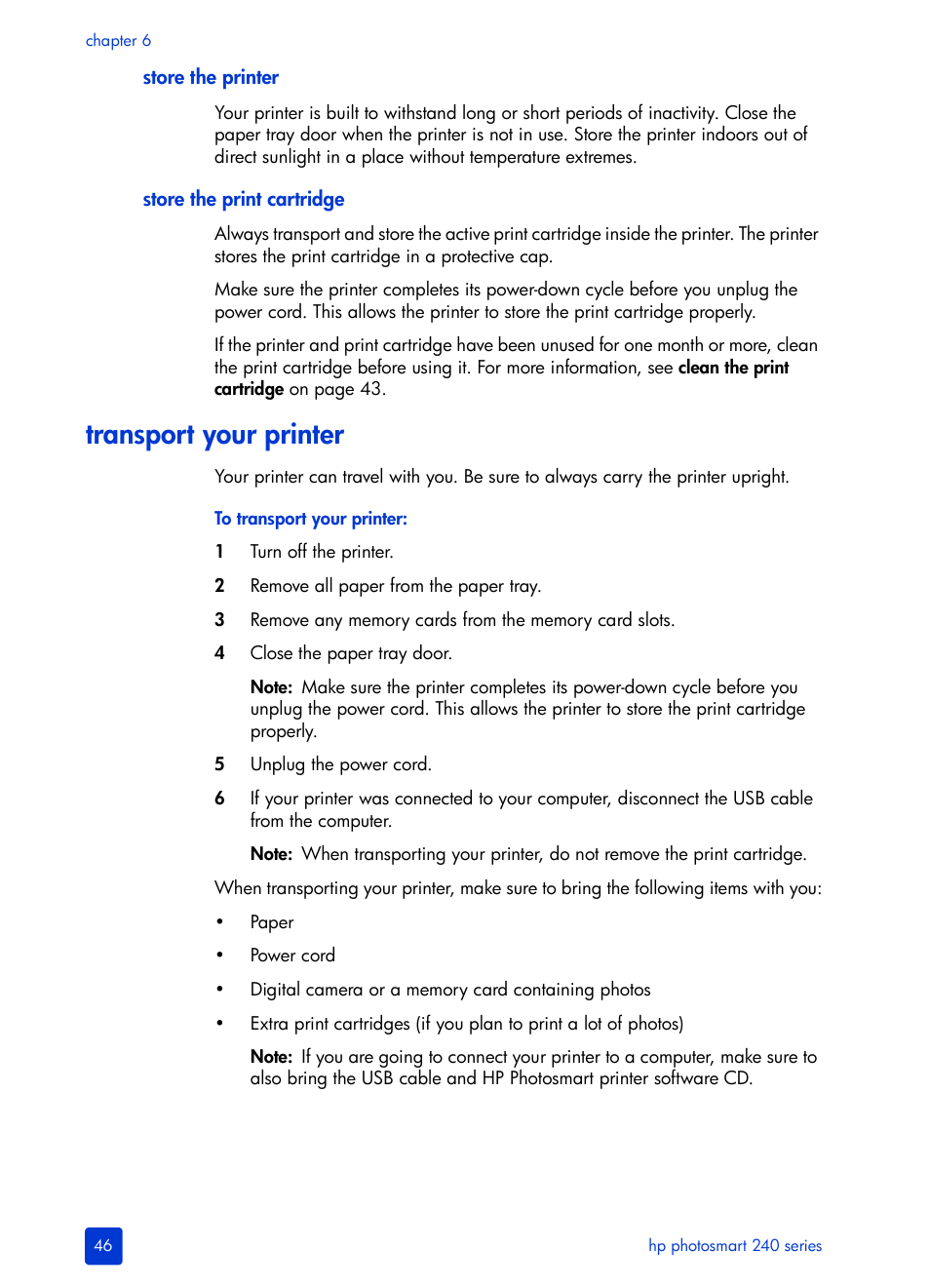 Store the printer, Store the print cartridge, Transport your printer | HP 240 Series User Manual | Page 50 / 64
