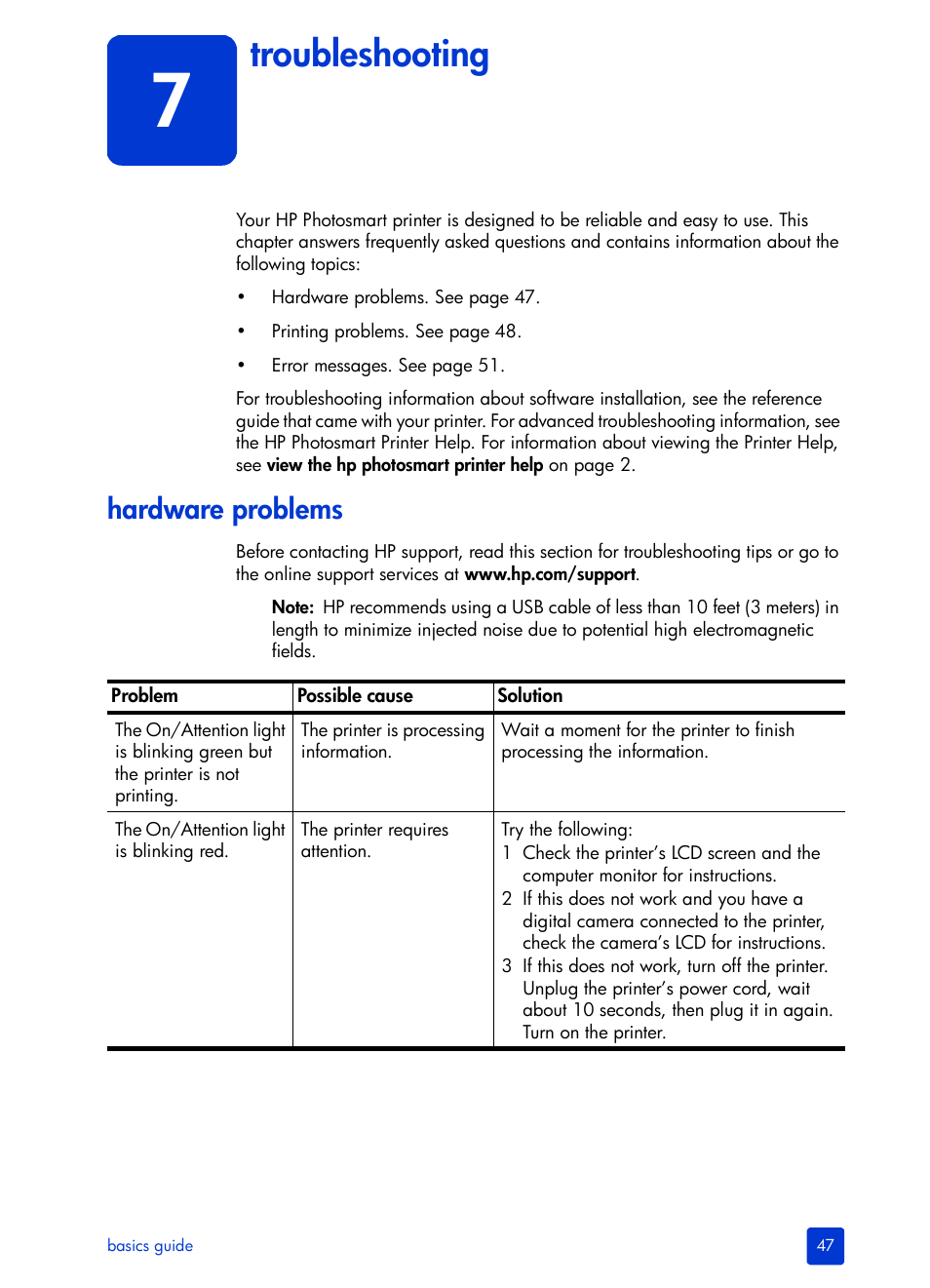 Troubleshooting, Hardware problems, 7 troubleshooting | HP 240 Series User Manual | Page 51 / 64