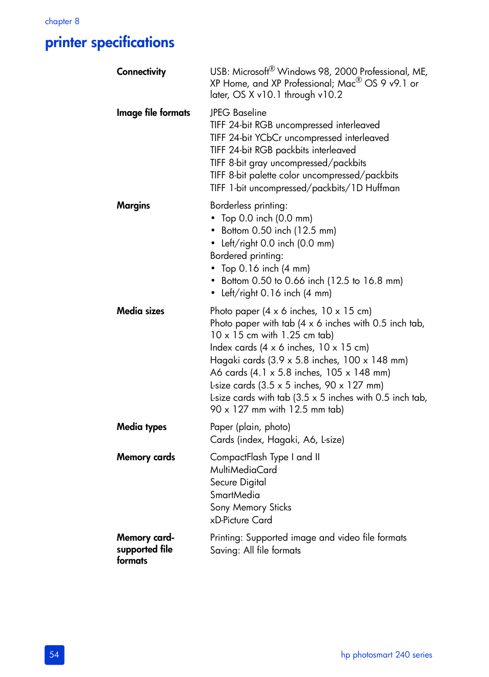 Printer specifications | HP 240 Series User Manual | Page 58 / 64