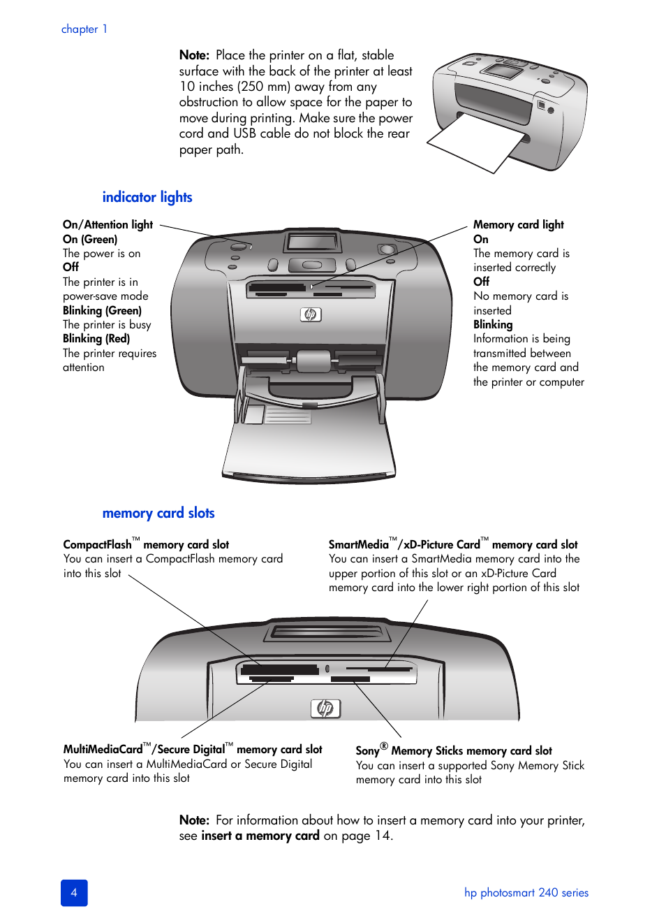 Indicator lights, Memory card slots | HP 240 Series User Manual | Page 8 / 64