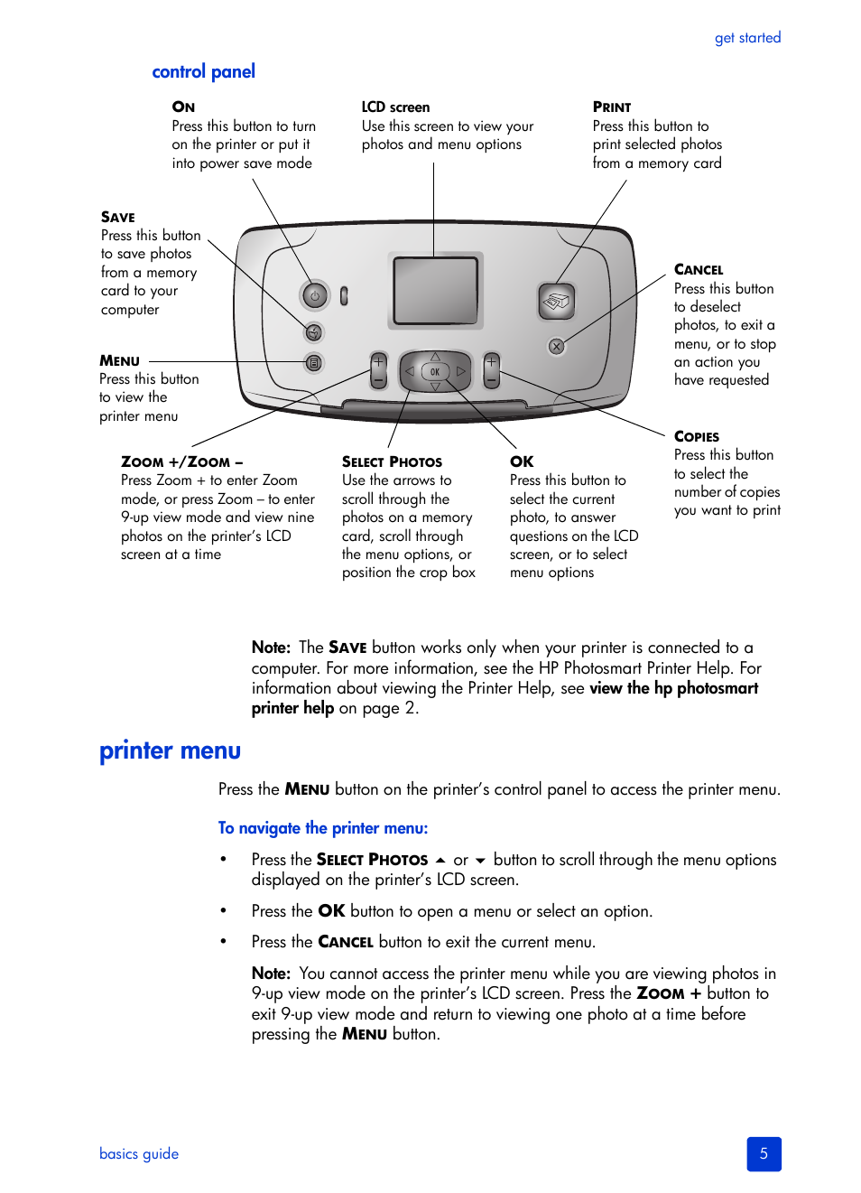 Control panel, Printer menu | HP 240 Series User Manual | Page 9 / 64