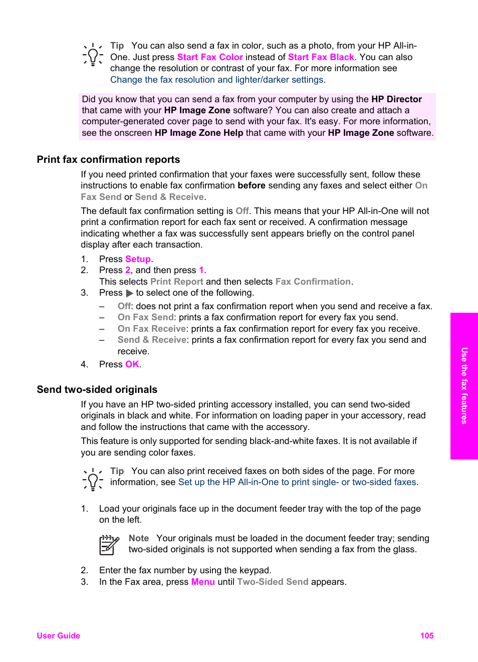 Print fax confirmation reports, Send two-sided originals, Print | Fax confirmation reports | HP 7200 User Manual | Page 108 / 240