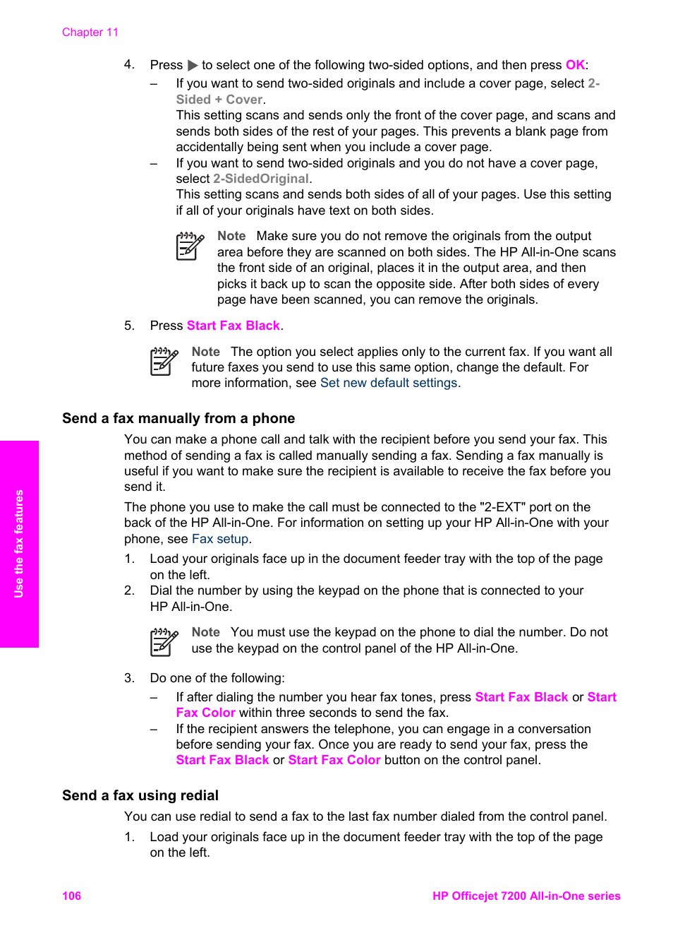 Send a fax manually from a phone, Send a fax using redial | HP 7200 User Manual | Page 109 / 240