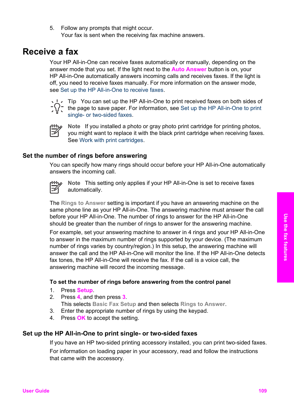 Receive a fax, Set the number of rings before answering, Set the number of rings before | Answering, Set the number of rings, Before answering, Rings to answer, see | HP 7200 User Manual | Page 112 / 240