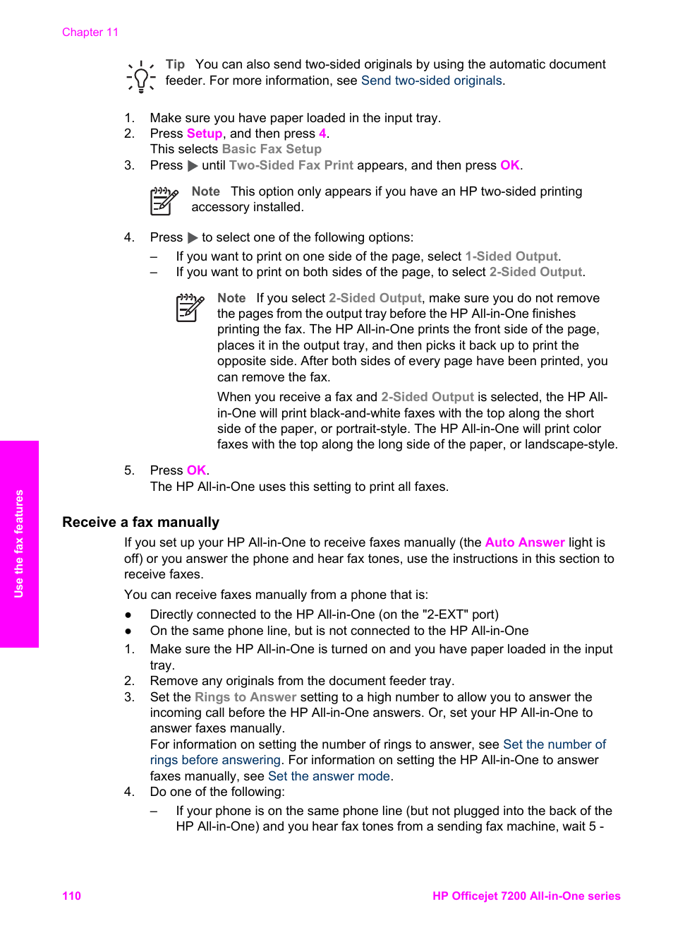 Receive a fax manually, Receive a, Fax manually | HP 7200 User Manual | Page 113 / 240