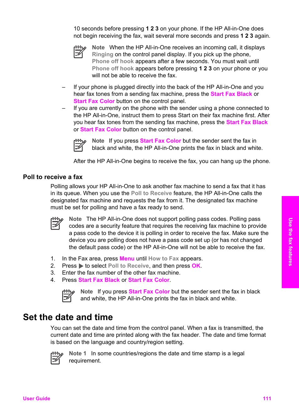 Poll to receive a fax, Set the date and time | HP 7200 User Manual | Page 114 / 240