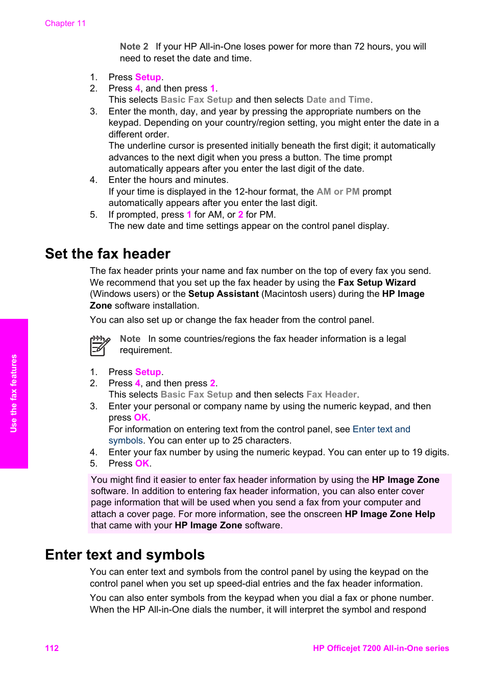 Set the fax header, Enter text and symbols, Set the fax header enter text and symbols | Enter text using the keypad on the control panel | HP 7200 User Manual | Page 115 / 240