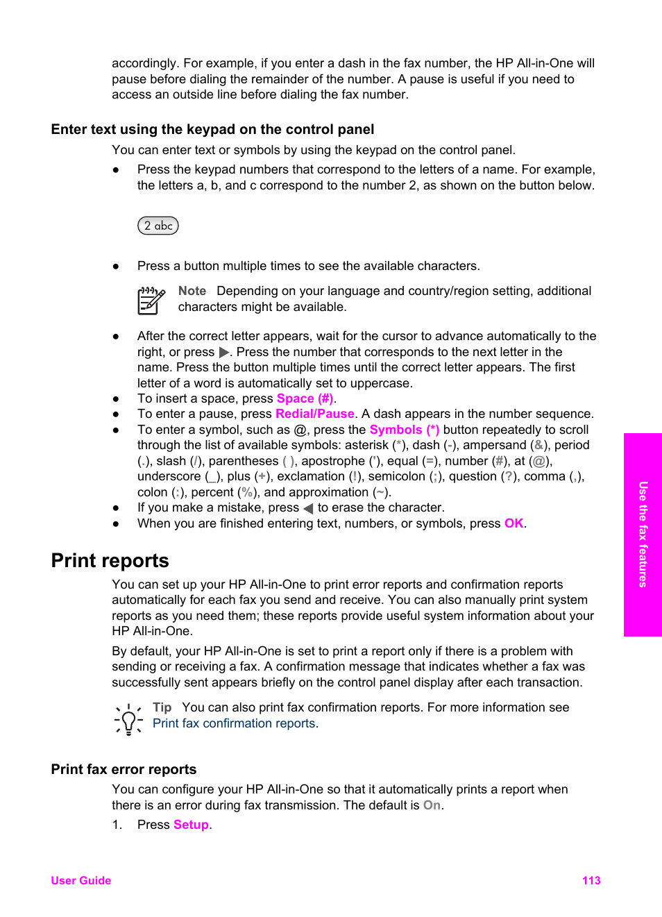 Enter text using the keypad on the control panel, Print reports, Print fax error reports | Print fax error reports print other reports | HP 7200 User Manual | Page 116 / 240