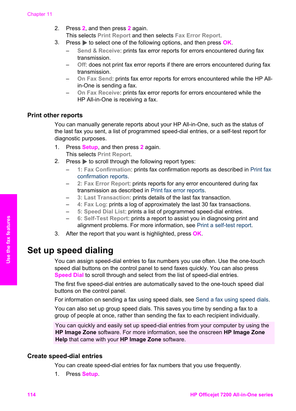 Print other reports, Set up speed dialing, Create speed-dial entries | HP 7200 User Manual | Page 117 / 240