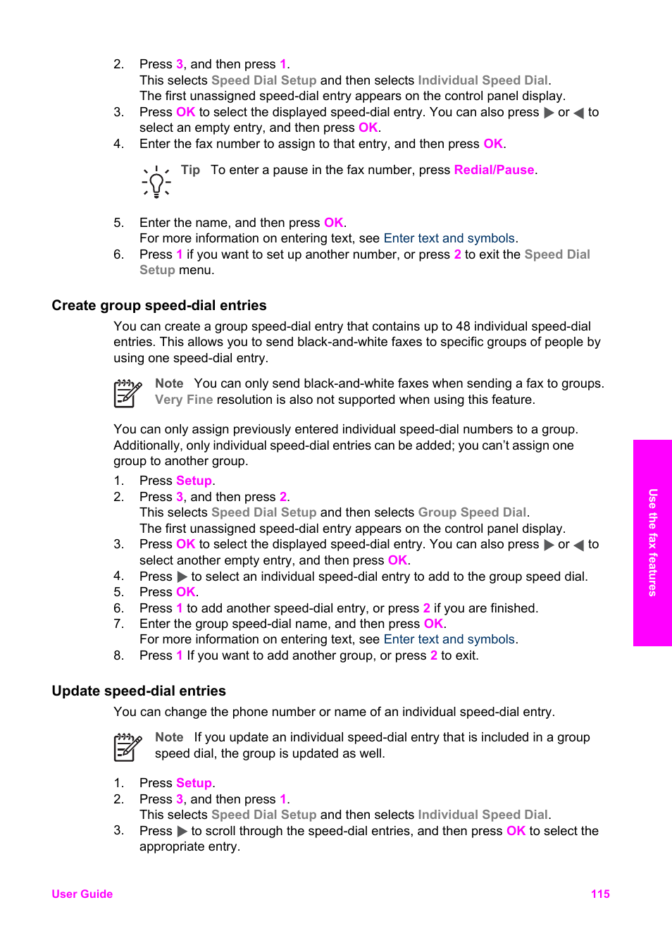 Create group speed-dial entries, Update speed-dial entries | HP 7200 User Manual | Page 118 / 240
