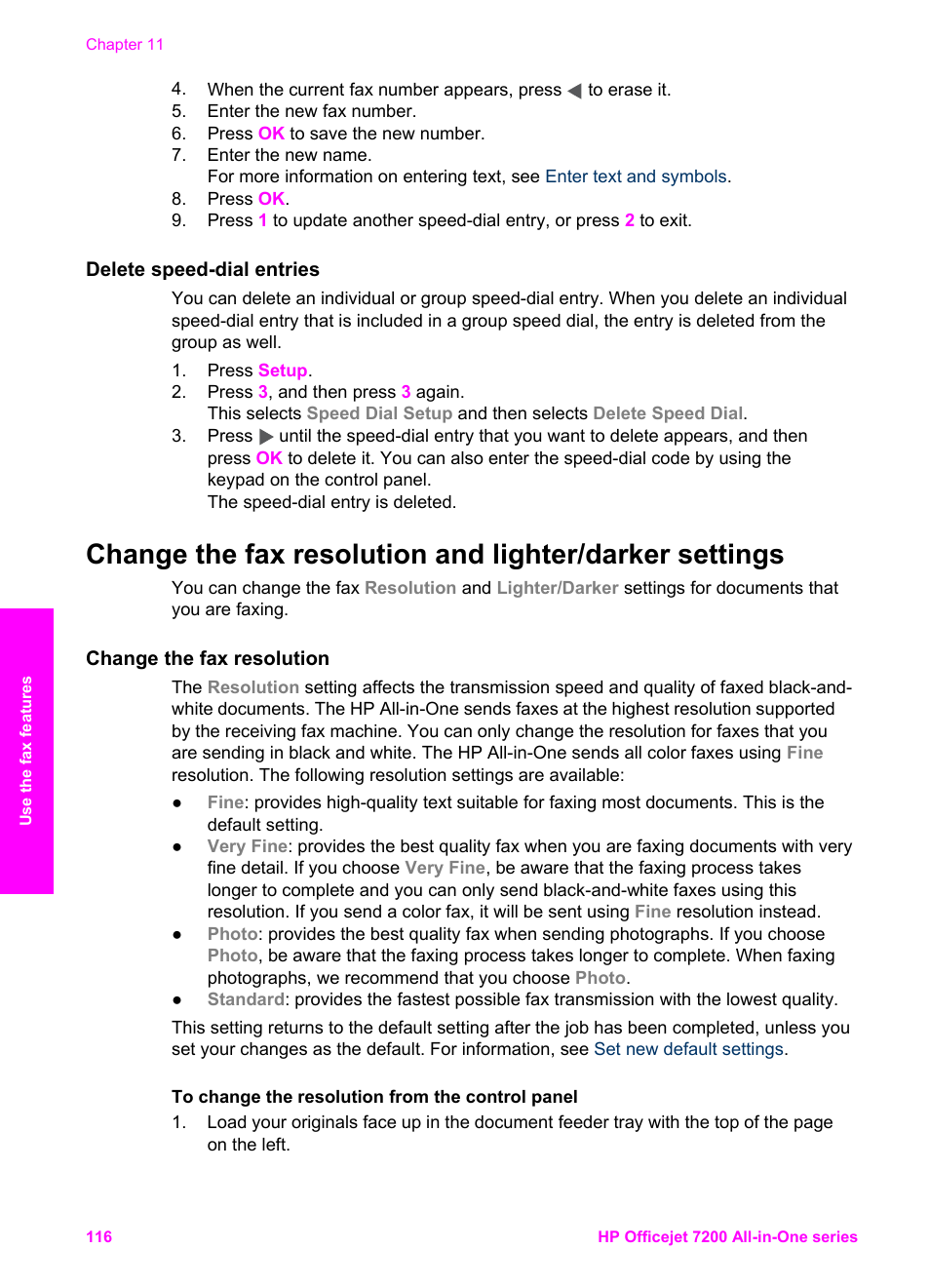 Delete speed-dial entries, Change the fax resolution | HP 7200 User Manual | Page 119 / 240