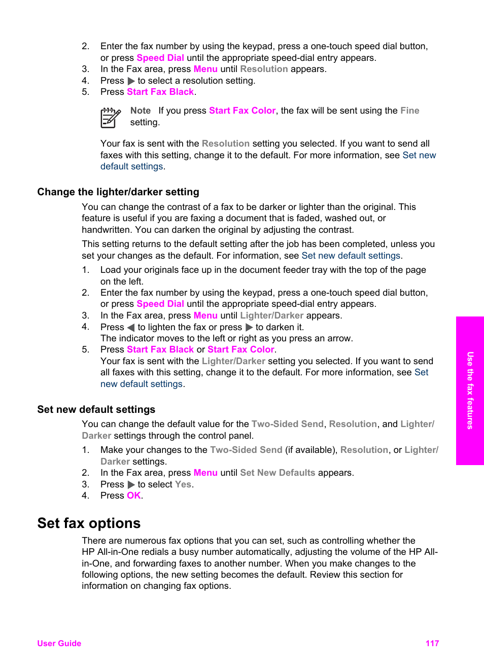 Change the lighter/darker setting, Set new default settings, Set fax options | HP 7200 User Manual | Page 120 / 240