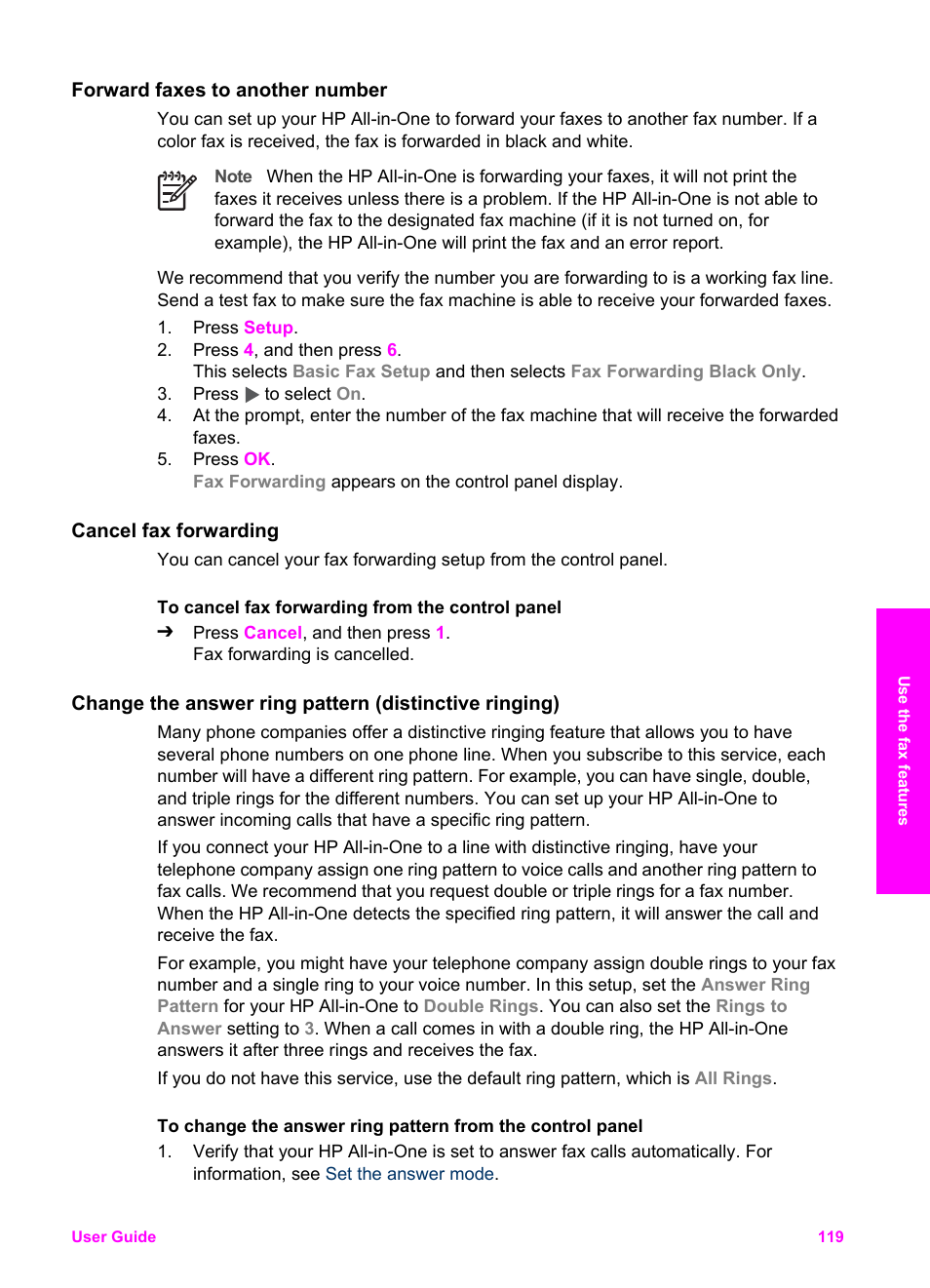 Forward faxes to another number, Cancel fax forwarding, Change the answer ring pattern | Distinctive ringing), Change the, Answer ring pattern (distinctive ringing) | HP 7200 User Manual | Page 122 / 240