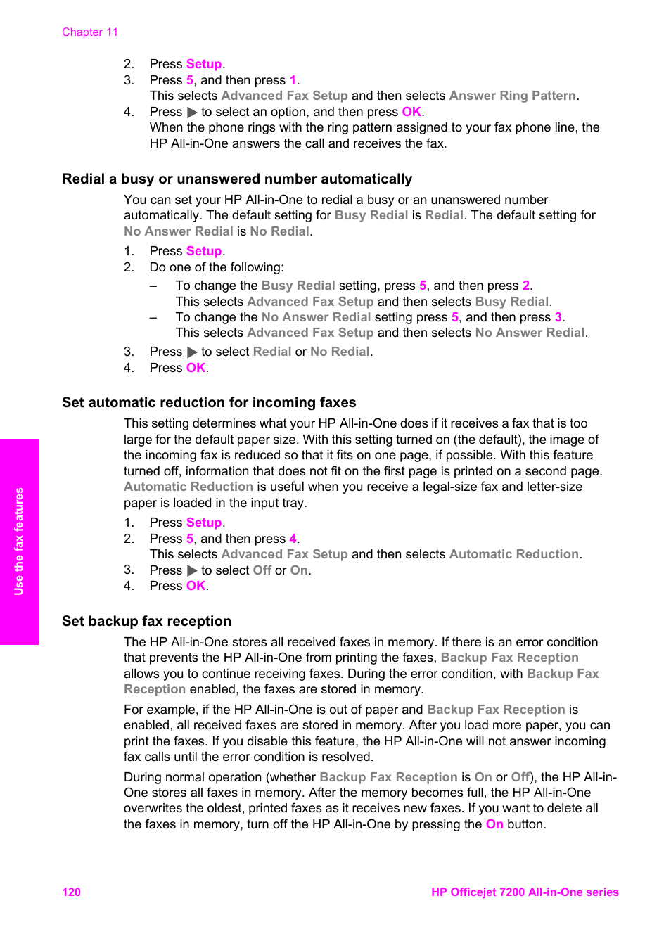 Redial a busy or unanswered number automatically, Set automatic reduction for incoming faxes, Set backup fax reception | HP 7200 User Manual | Page 123 / 240