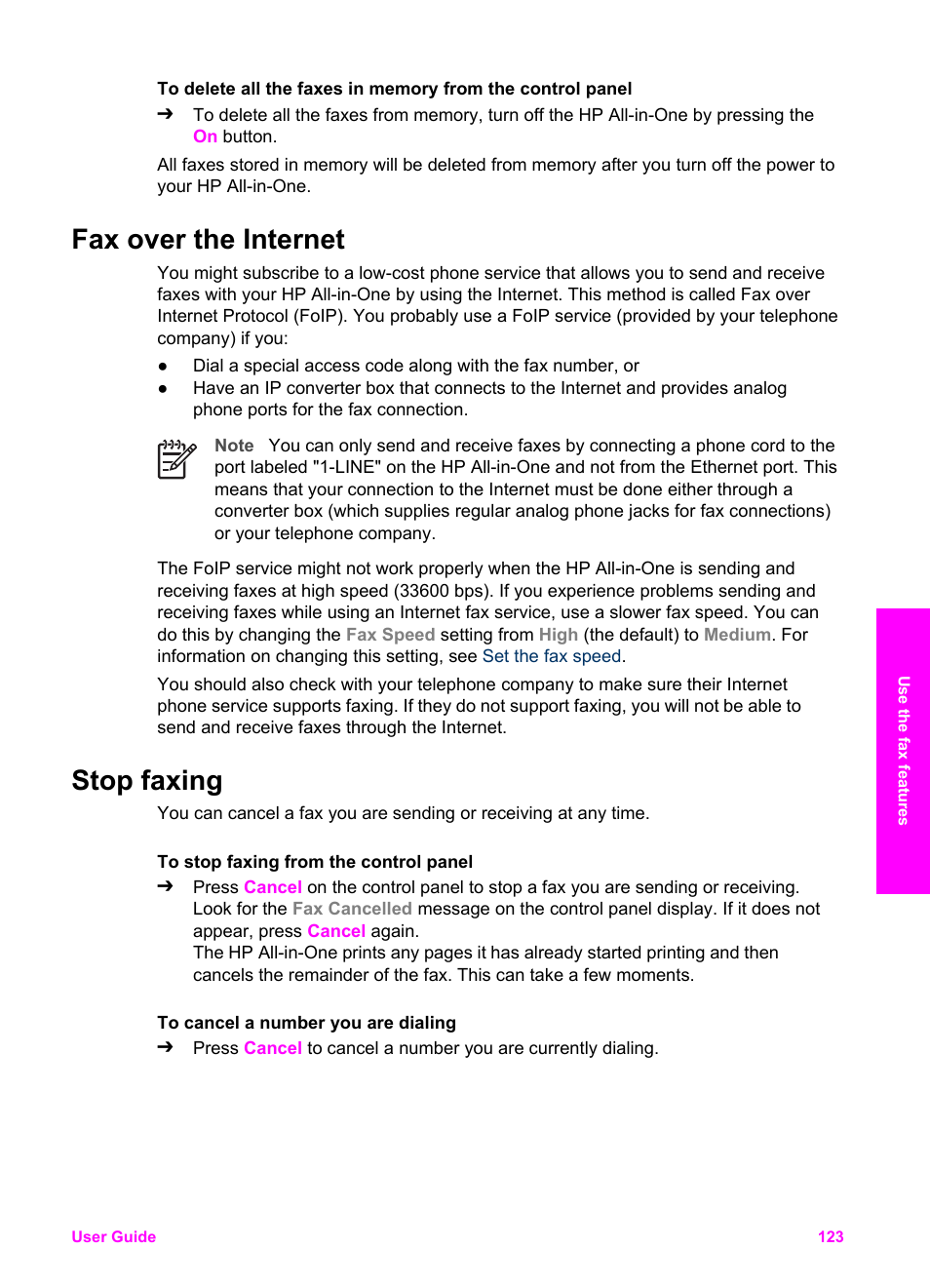 Fax over the internet, Stop faxing, Fax over the internet stop faxing | HP 7200 User Manual | Page 126 / 240