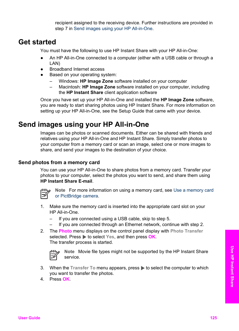 Get started, Send images using your hp all-in-one, Send photos from a memory card | Get started send images using your hp all-in-one | HP 7200 User Manual | Page 128 / 240