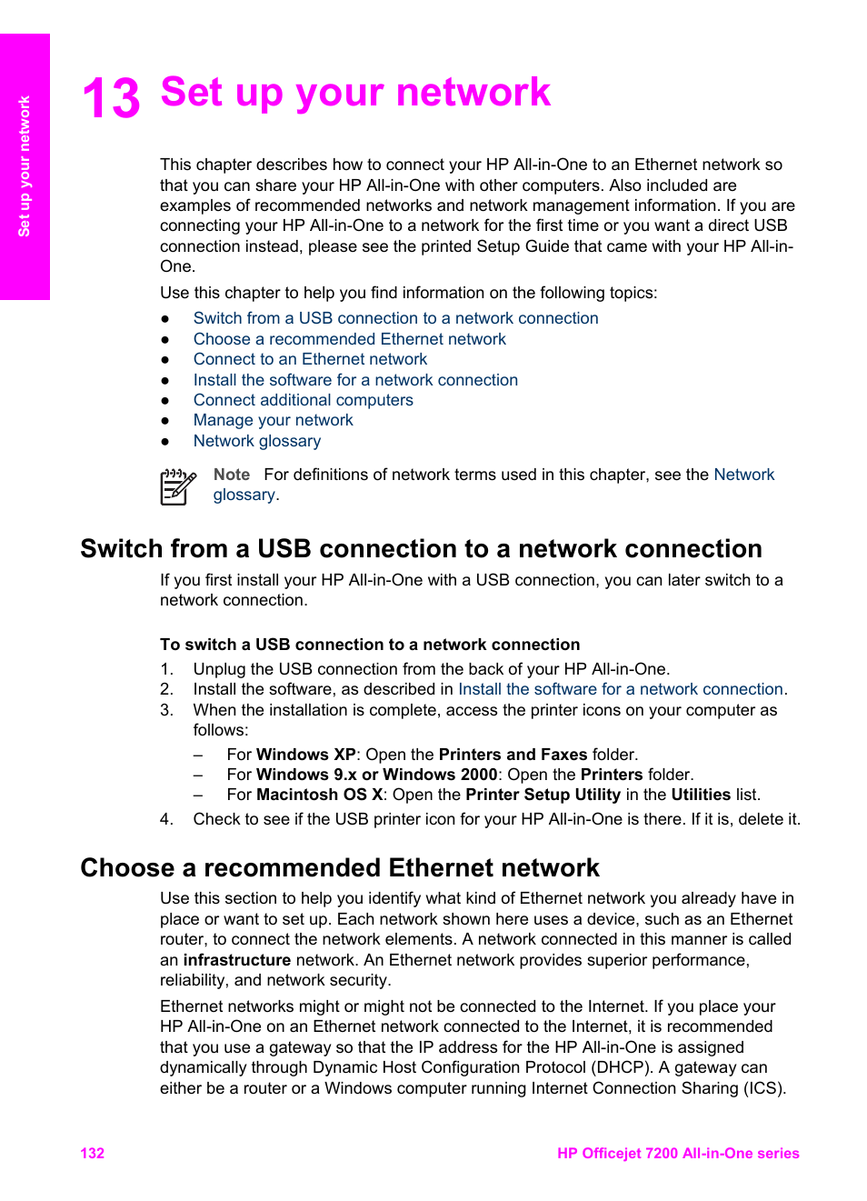 Set up your network, Choose a recommended ethernet network, 13 set up your network | HP 7200 User Manual | Page 135 / 240