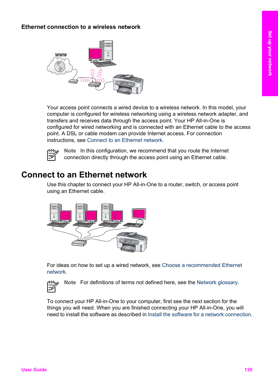 Ethernet connection to a wireless network, Connect to an ethernet network, What you need connect your hp all-in-one | Connect, To an ethernet network | HP 7200 User Manual | Page 138 / 240