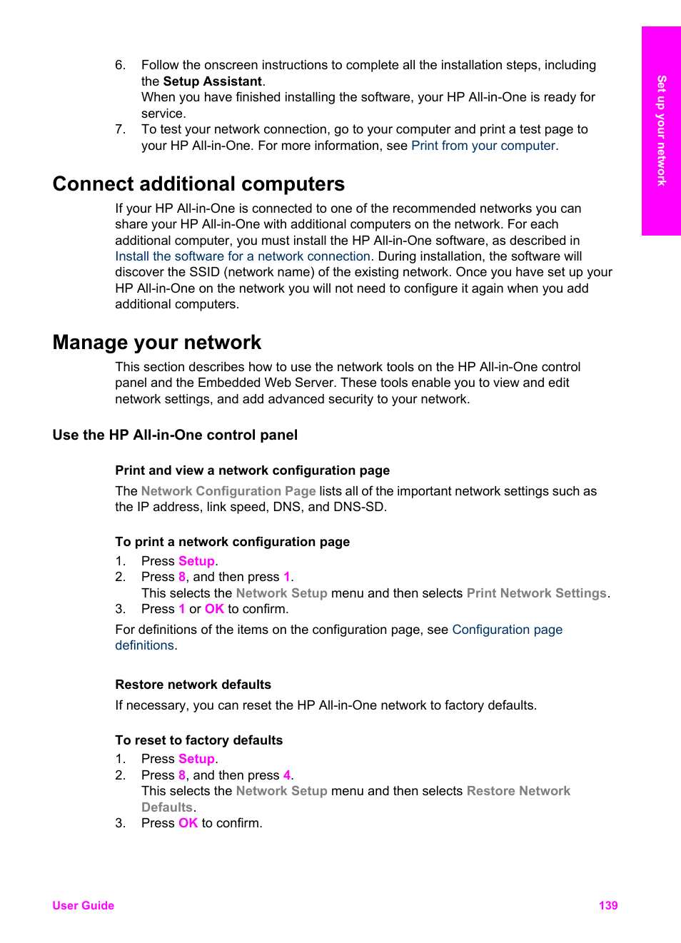 Connect additional computers, Manage your network, Use the hp all-in-one control panel | Restore network defaults, Advanced network settings, Connect additional computers manage your network | HP 7200 User Manual | Page 142 / 240