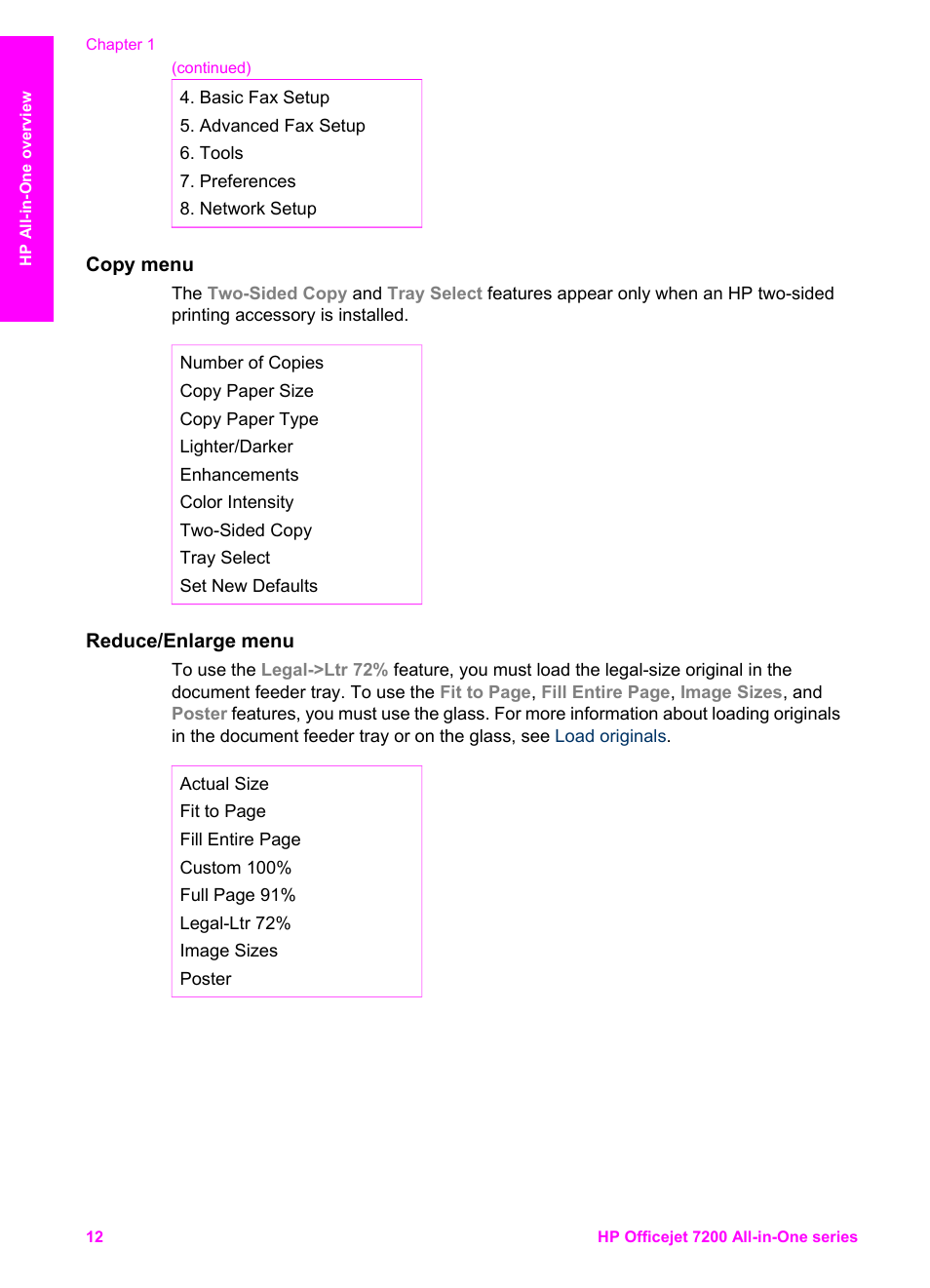 Copy menu, Reduce/enlarge menu | HP 7200 User Manual | Page 15 / 240