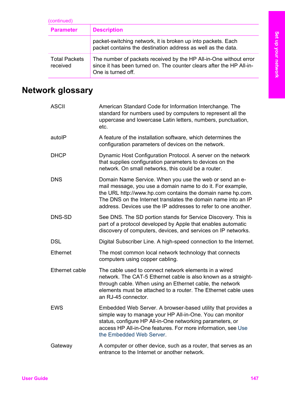 Network glossary, Network, Glossary | Here, see the | HP 7200 User Manual | Page 150 / 240