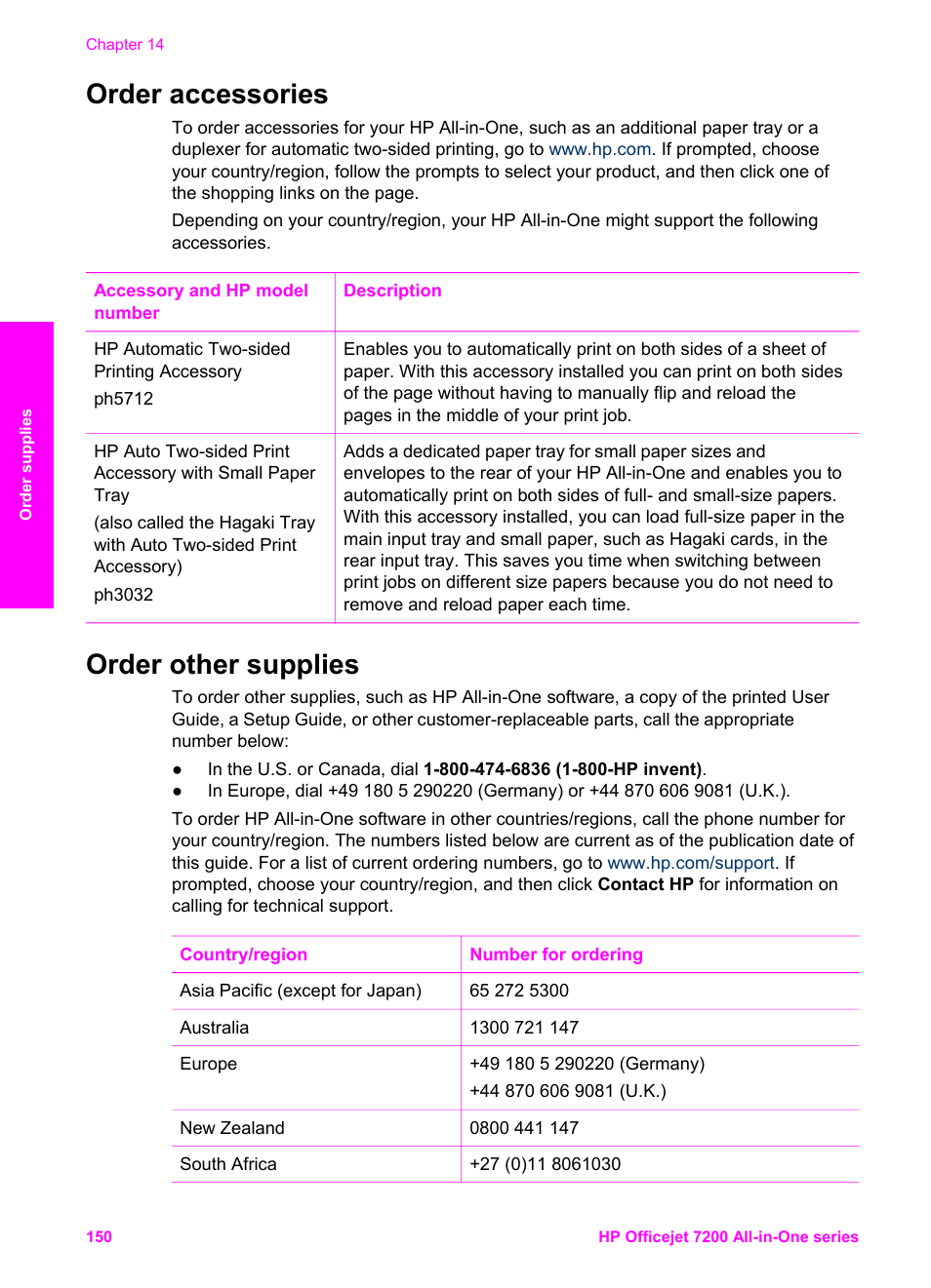 Order accessories, Order other supplies, Order accessories order other supplies | HP 7200 User Manual | Page 153 / 240