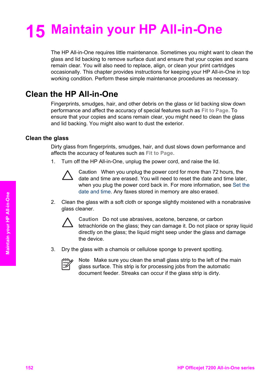 Maintain your hp all-in-one, Clean the hp all-in-one, Clean the glass | 15 maintain your hp all-in-one | HP 7200 User Manual | Page 155 / 240