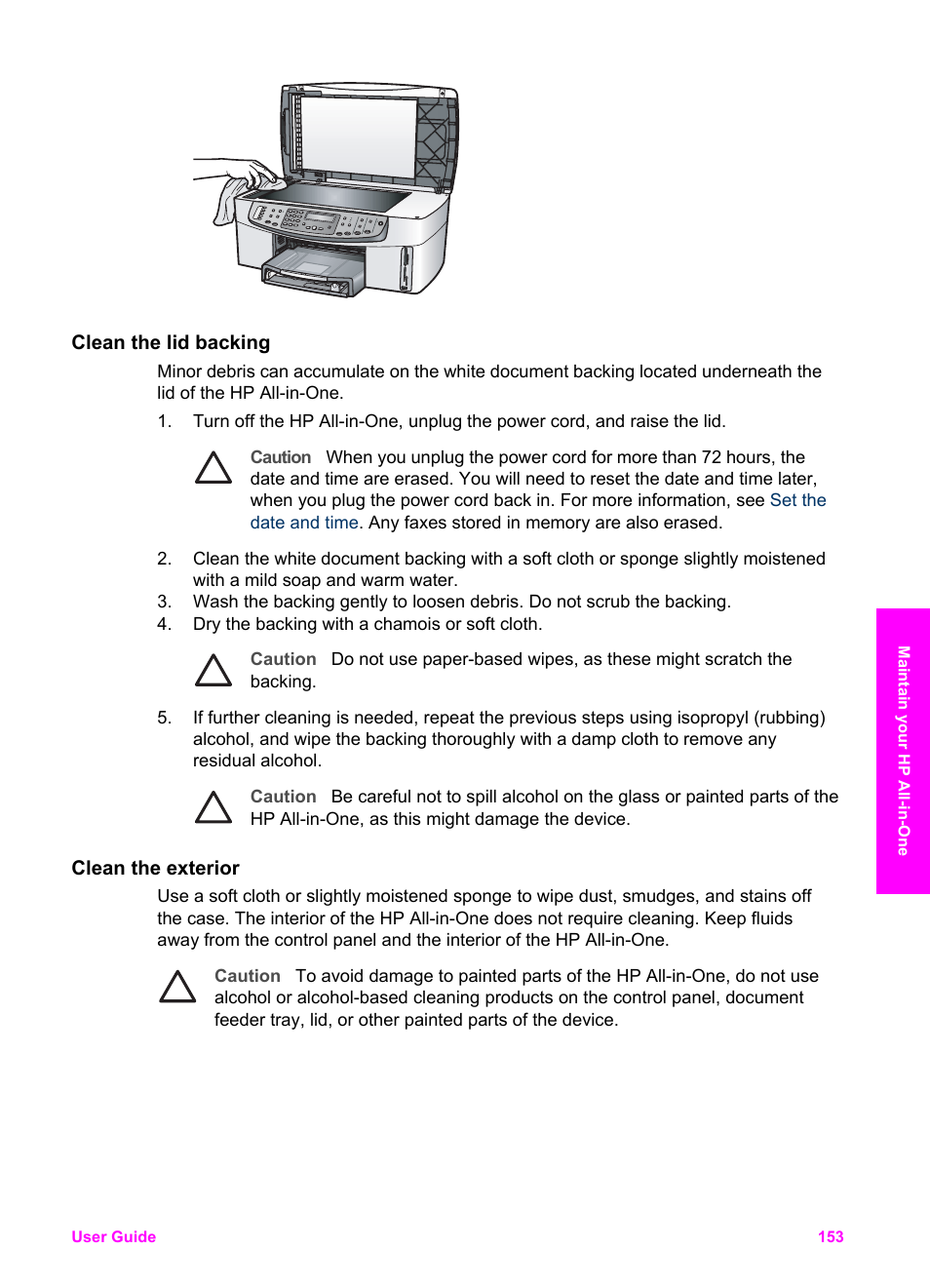 Clean the lid backing, Clean the exterior | HP 7200 User Manual | Page 156 / 240
