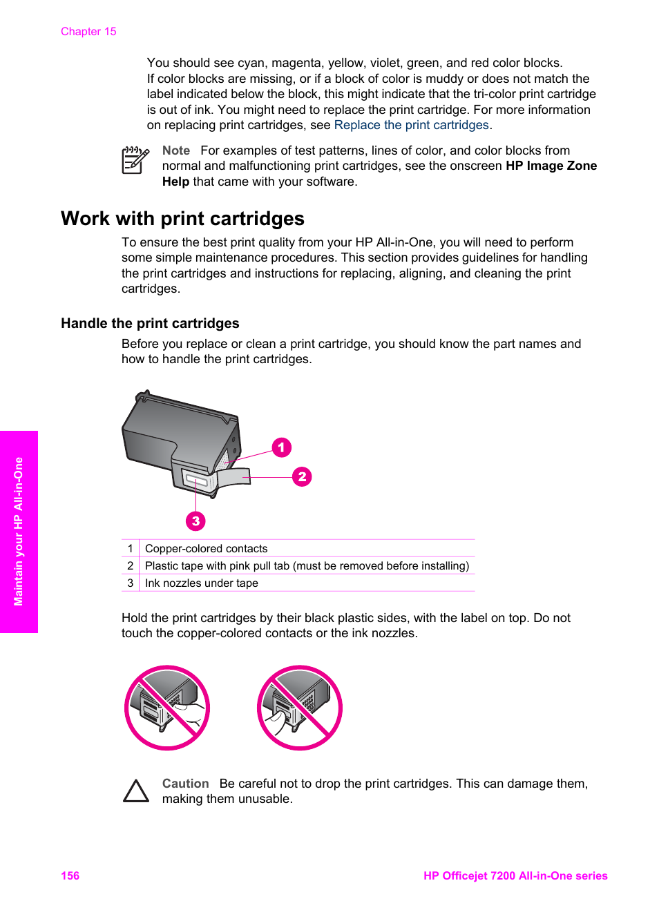 Work with print cartridges, Handle the print cartridges | HP 7200 User Manual | Page 159 / 240