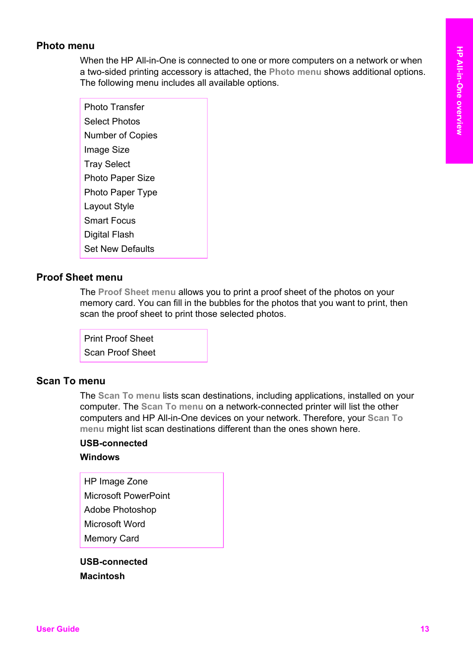 Photo menu, Proof sheet menu, Scan to menu | HP 7200 User Manual | Page 16 / 240